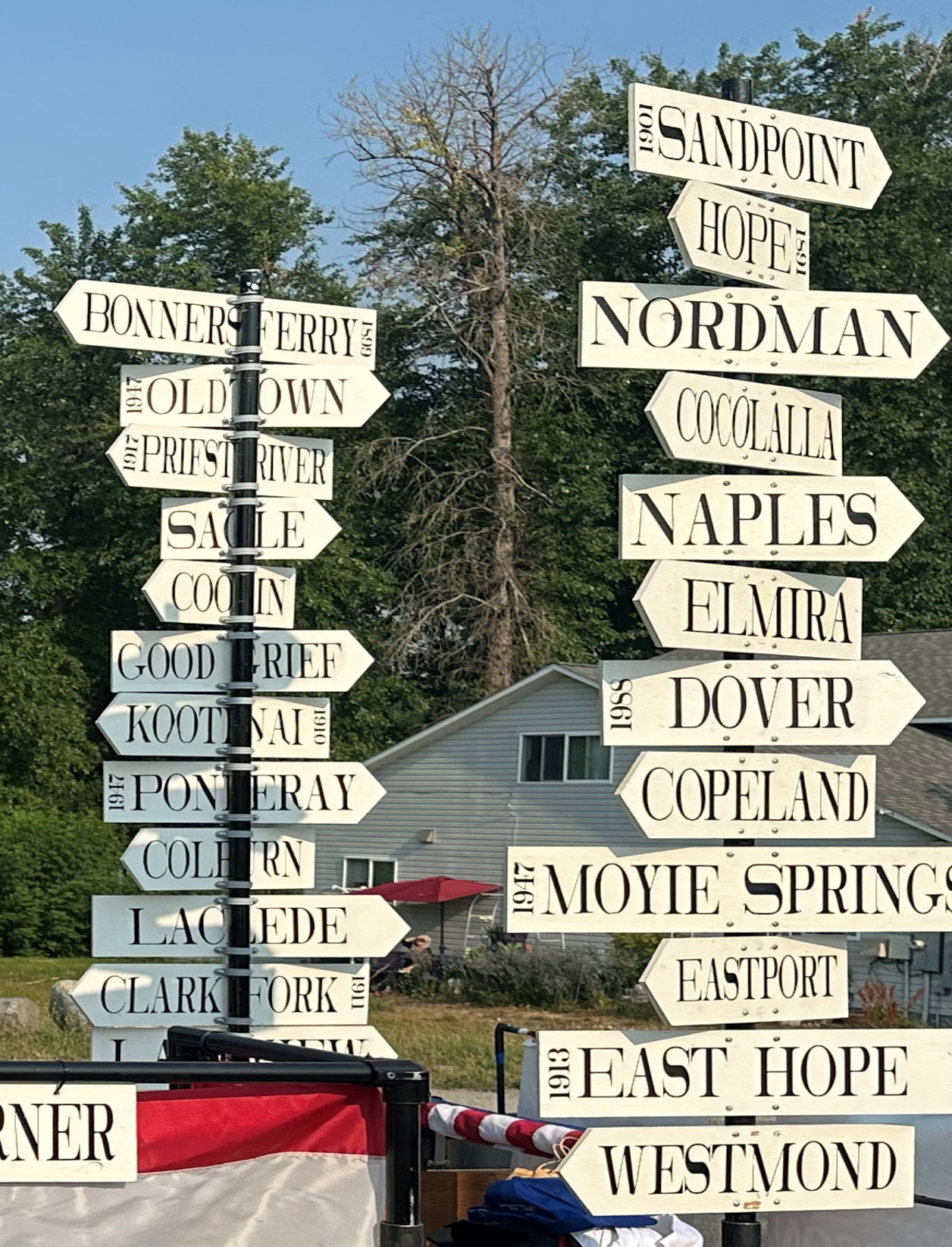 A collection of directional signs pointing to various towns and cities, including Sandpoint, Hope, Nordman, and more, against a backdrop of trees and a house.